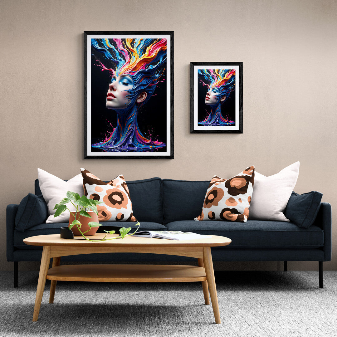 Abstract wall art with vivid blues, oranges, and pinks, ideal for enhancing your home décor style