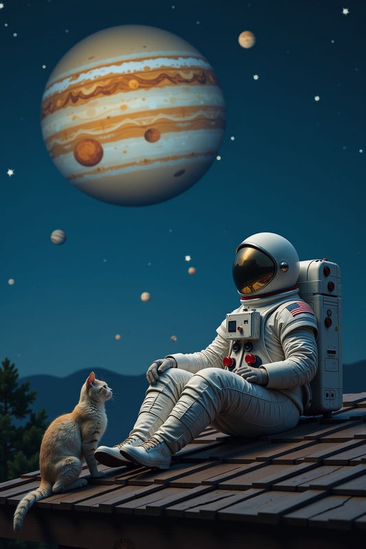 Beneath a vast, starry sky, an astronaut sits perched upon the shingles of a quiet rooftop, far removed from the cosmos yet deeply connected to it. The air is still, as if the universe itself has paused to observe this moment. Above, the majestic planet Jupiter looms large, its swirling bands of ochre, cream, and amber stretching across the heavens. Surrounding it, moons drift in serene orbits, like silent companions in the celestial ballet.