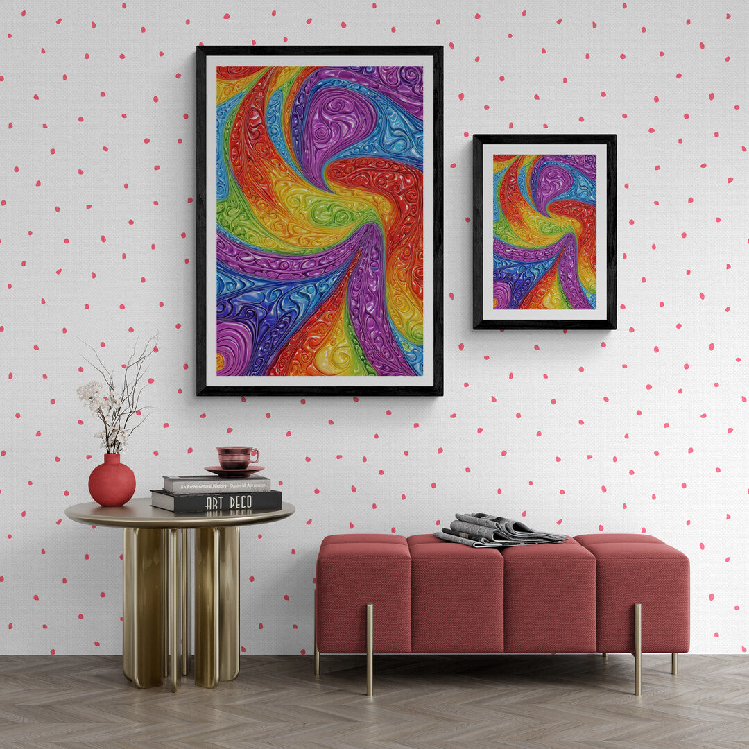 Dynamic, glossy artwork featuring swirling textures, ideal for modern home decor.