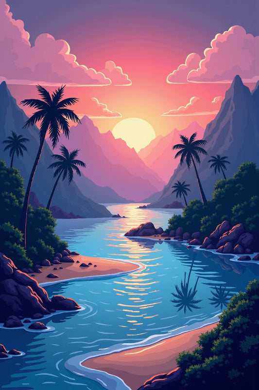 Tropical sunset with palm trees and mountains, perfect for wall art and home decor.