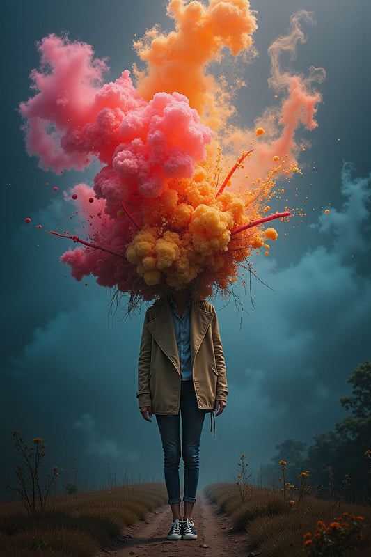 The image depicts a surreal and visually striking scene. A person, standing on a dirt path in the middle of an open field, has a massive, colorful explosion emanating from their head. The explosion consists of vivid clouds of bright pink, orange, and yellow hues, resembling a blend of cotton candy and smoke. The clouds form intricate, fluffy textures, giving the appearance of a dynamic burst of energy or imagination.