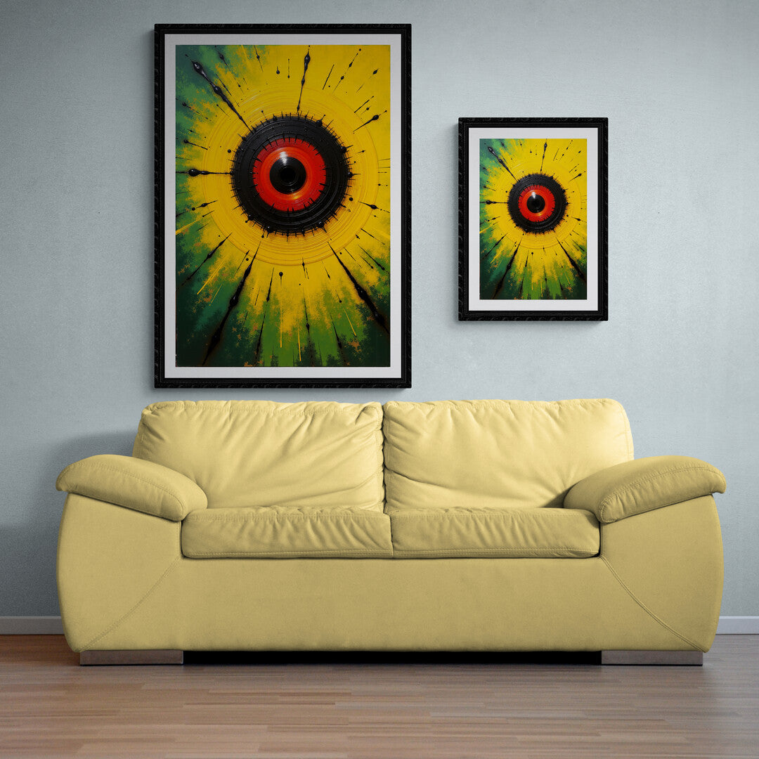 High-quality abstract wall art print featuring yellow, green, red, and black color bursts