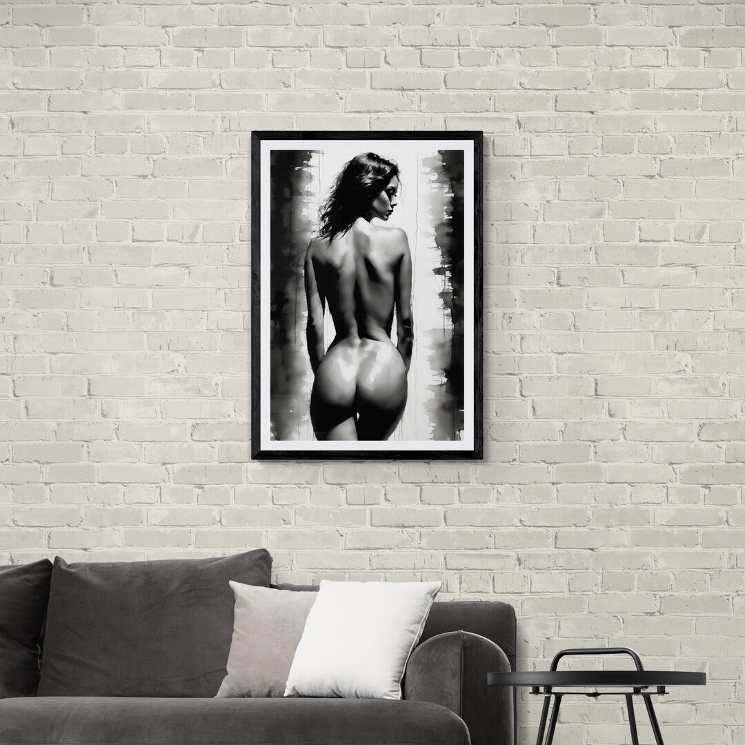 In a striking and elegant composition, the picture features a female posing in black and white. The artwork employs a monochromatic palette to emphasize the contours and details of her form, creating a timeless and sophisticated image.