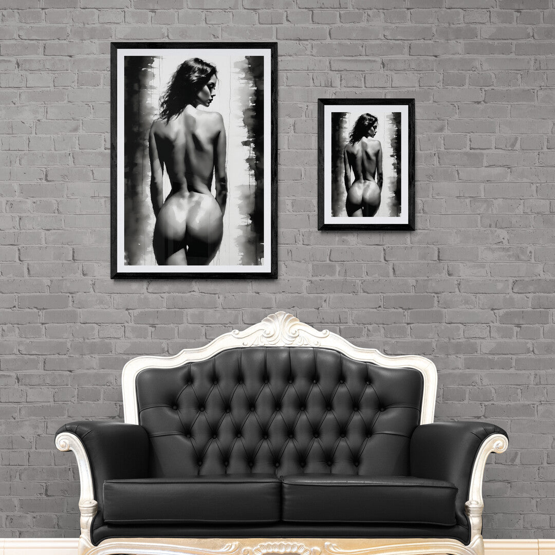 In a striking and elegant composition, the picture features a female posing in black and white. The artwork employs a monochromatic palette to emphasize the contours and details of her form, creating a timeless and sophisticated image.