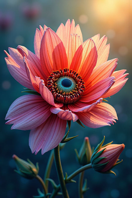 Close-up of a vibrant pink flower with galaxy-like center, perfect for premium posters and wall art for home decor.