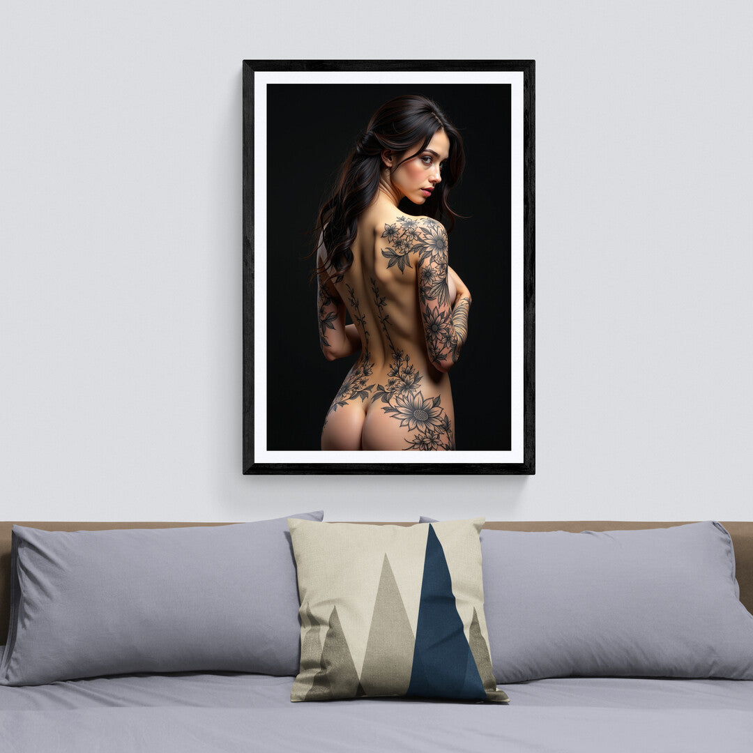 Black ink floral tattoo art on woman’s back - perfect premium poster for home decor