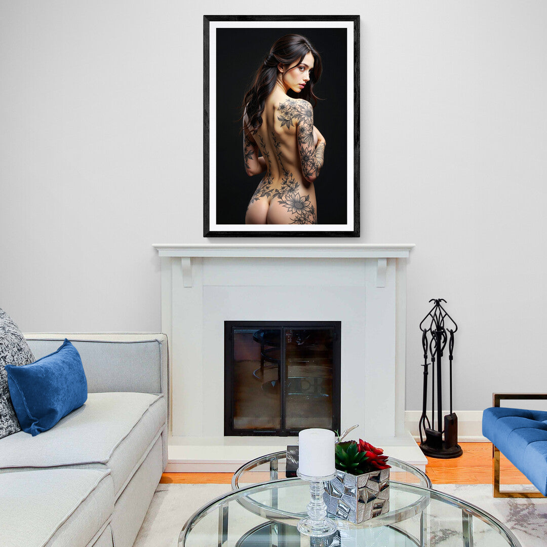 Botanical tattoo design on back - unique floral ink wall art for home and office