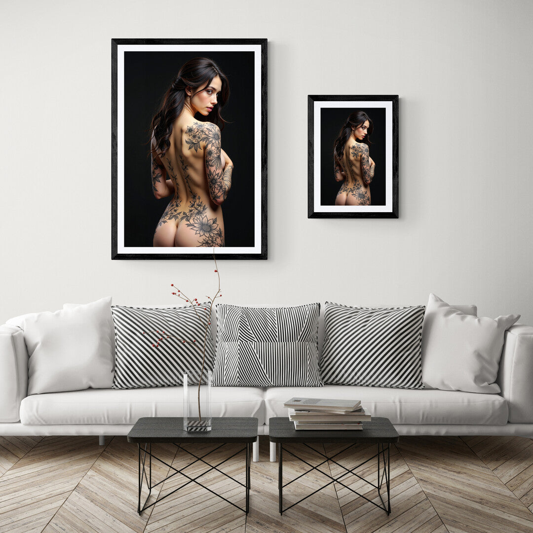 Floral tattooed back of woman - stylish wall art print for modern interiors