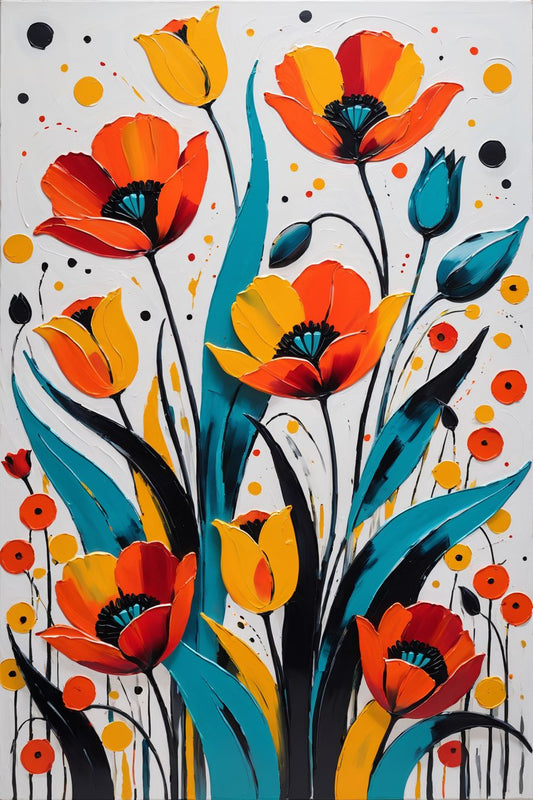 In a vibrant and lively scene, the picture features a floral painting with bold colors and shapes. The artwork captures the exuberance and beauty of flowers through a striking use of vivid hues and dynamic forms.