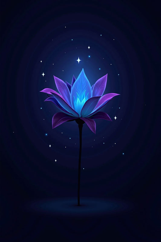 Mystic Night Flower poster with glowing blue and purple lotus for wall art decor