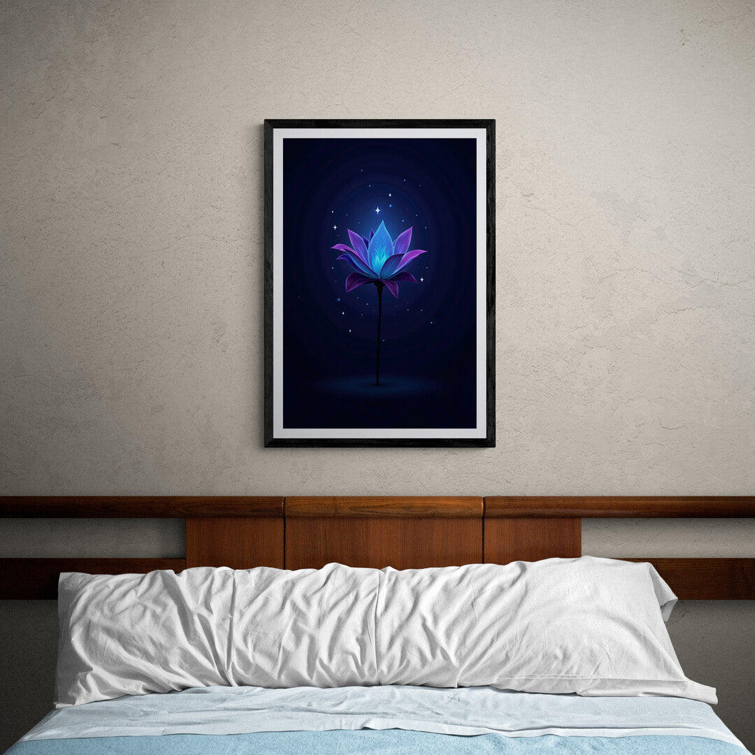 Celestial lotus art print with a starlit background, ideal for home decor.