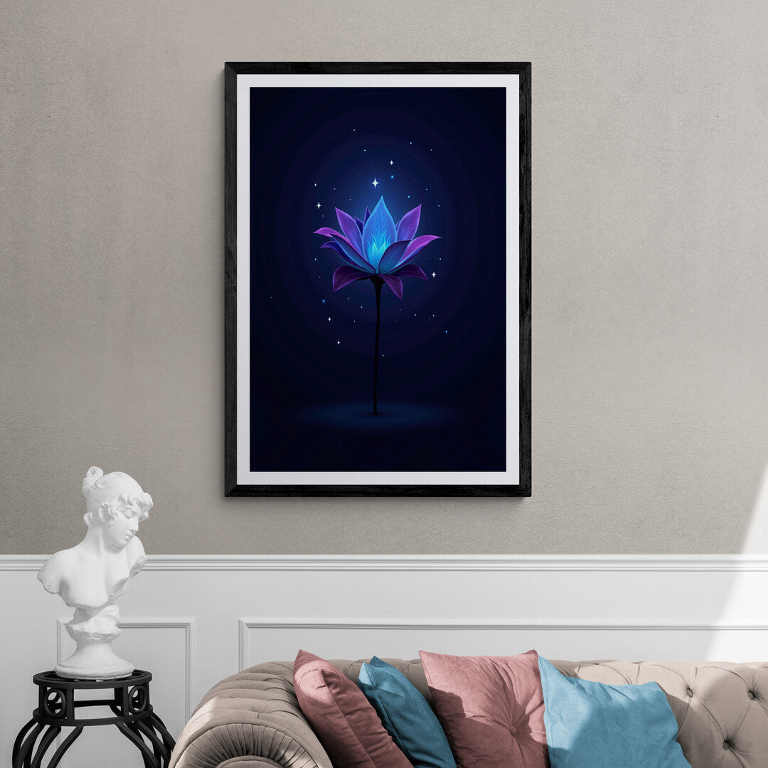 Luminous lotus flower art print for elegant wall decor in living rooms or bedrooms