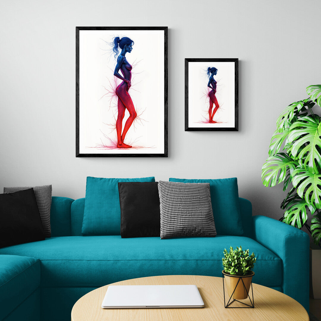 Art print of a human body with red and blue energy veins, perfect for energizing home spaces and adding unique wall art