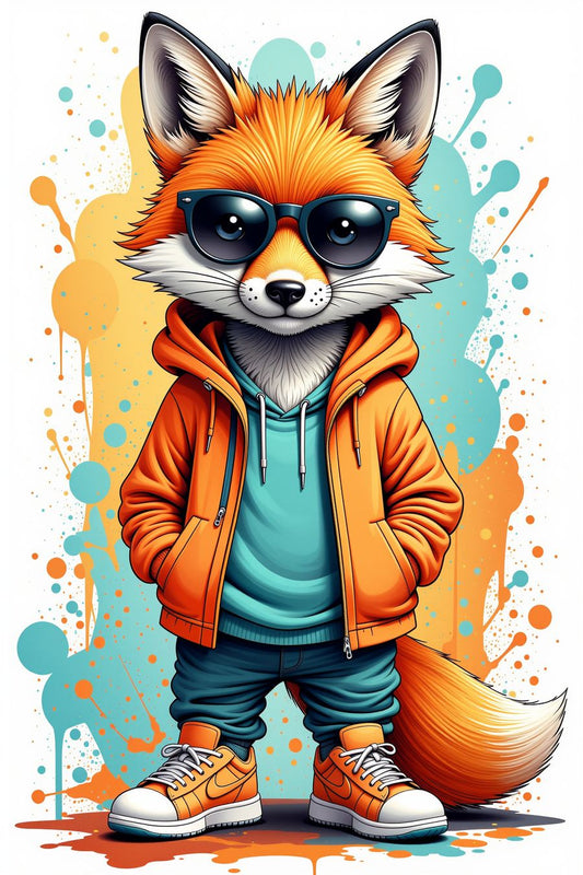 Stylish fox in sunglasses and orange hoodie, Urban Fox Swagger Poster for modern home decor