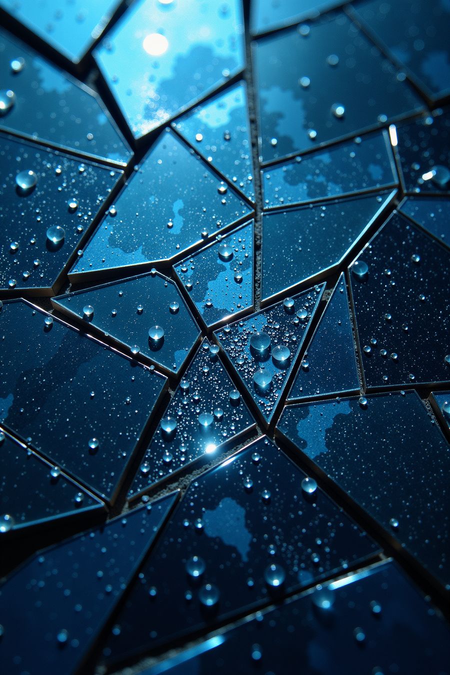 The image shows an abstract arrangement of shattered glass or glossy tiles, pieced together to form a complex mosaic. The shards are primarily triangular and polygonal, arranged in irregular patterns. The color palette is dominated by deep, reflective shades of blue, which gives the entire surface a sleek and polished look. The dark blue glass or tile pieces mirror soft light sources, possibly from overhead lighting or natural light reflections.