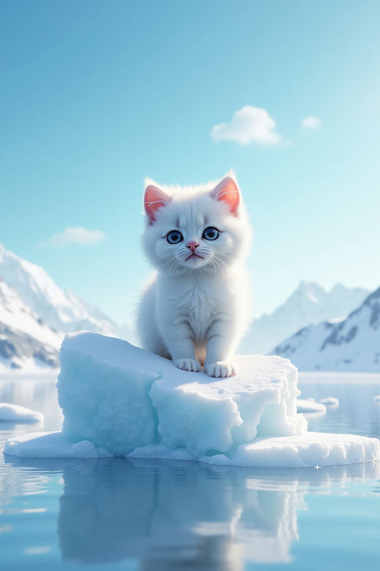 Adorable white kitten with blue eyes sitting on an iceberg, perfect for premium wall art and home decor