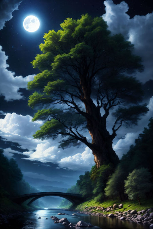 In this mesmerizing and enchanting wall art, a magnificent world tree, its sprawling branches reaching high into the night sky, adorned with leaves that glisten like silver in the moonlight. 