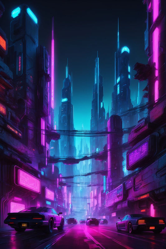 In a vibrant and dynamic scene, the picture features a futuristic cityscape illuminated by neon lights. The artwork captures the essence of a bustling, high-tech metropolis, with towering skyscrapers and intricate architecture bathed in vivid, colorful lights.