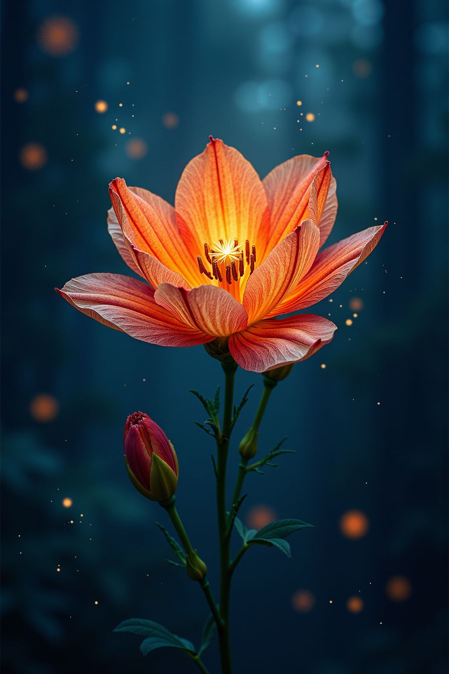 The picture showcases a glowing flower that seems to radiate with an otherworldly light. Positioned centrally against a dark, contrasting background, the flower's petals emit a soft, luminous glow that bathes the surrounding area in gentle, warm light. The petals are delicately detailed, with subtle gradients of color transitioning from a deep, rich hue at the base to a bright, almost ethereal light at the tips.