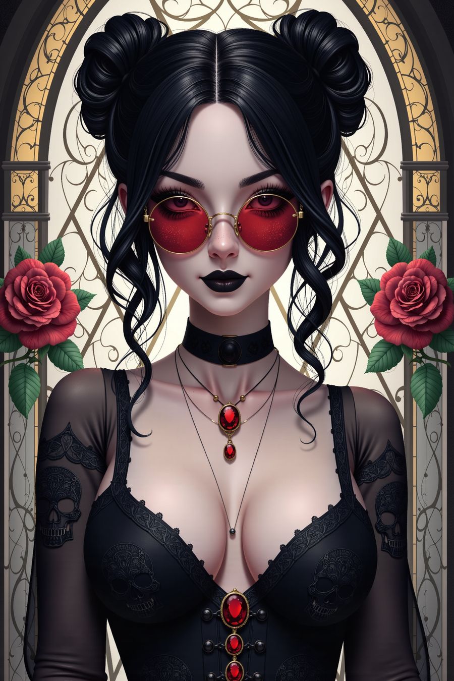 Gothic woman in black lace with red sunglasses and jewelry, perfect for premium art prints and wall art home decor