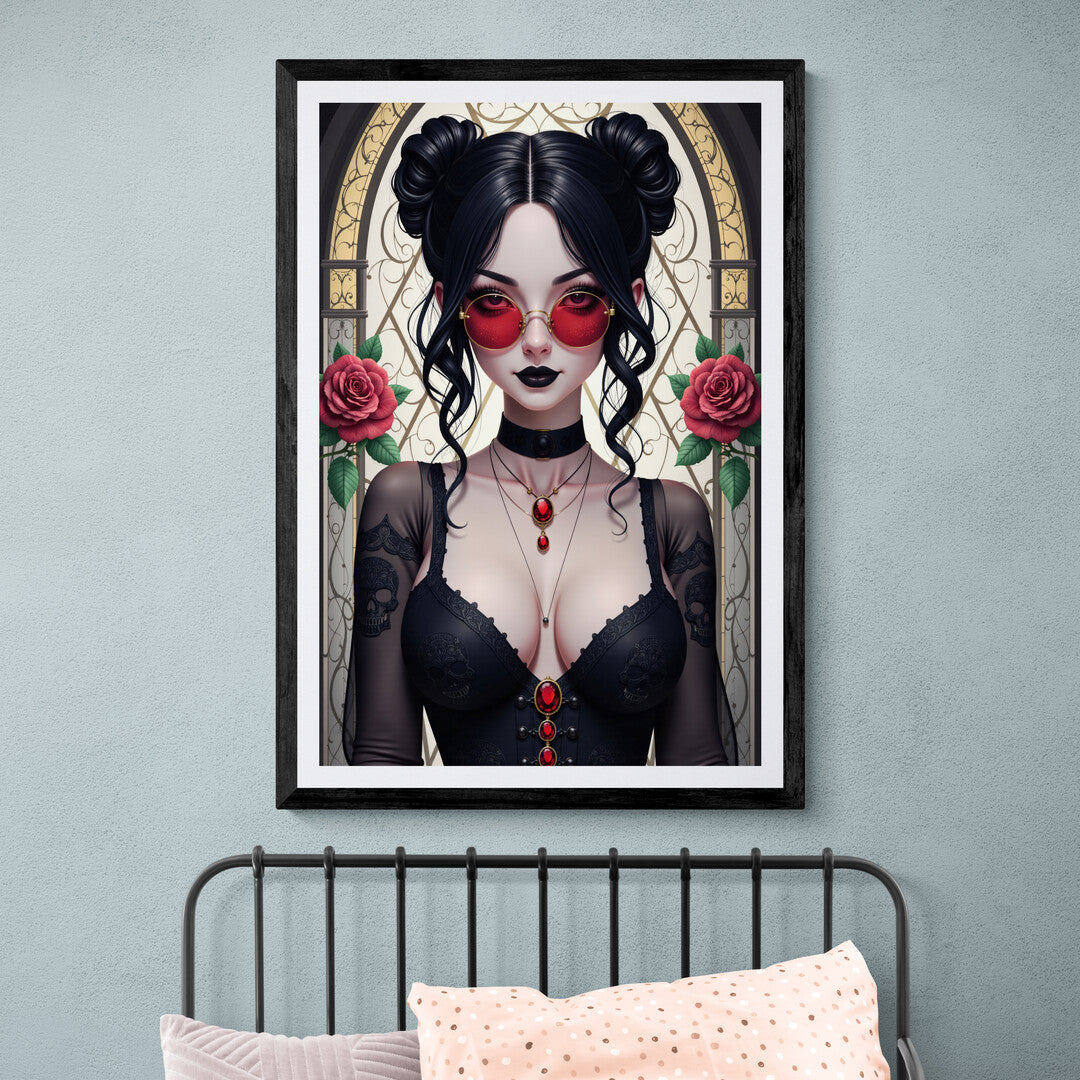 Dark gothic elegance featuring intricate lace details, red roses, and bold crimson accents for stunning home decor