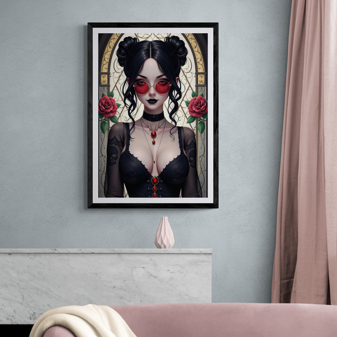 Gothic-inspired artwork with black lace, skull patterns, and crimson jewels, perfect for art prints and stylish home decor.