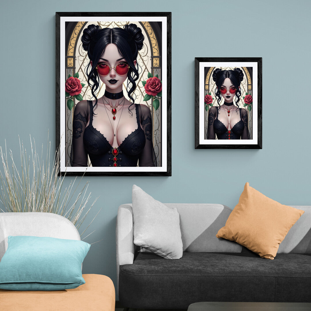 Stylized gothic portrait showcasing a mysterious woman with red accessories, ideal for premium posters and wall art