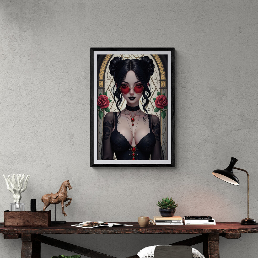 Gothic woman surrounded by roses and vintage design, a captivating wall art choice for elegant home decor