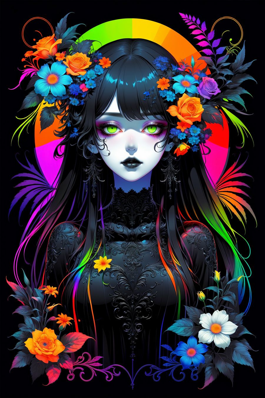 In a captivating and mysterious composition, the picture features a gothic girl adorned with flowers, her striking green eyes serving as the focal point of the artwork. The image combines elements of gothic aesthetics with natural beauty, creating a visually intriguing and emotive scene.