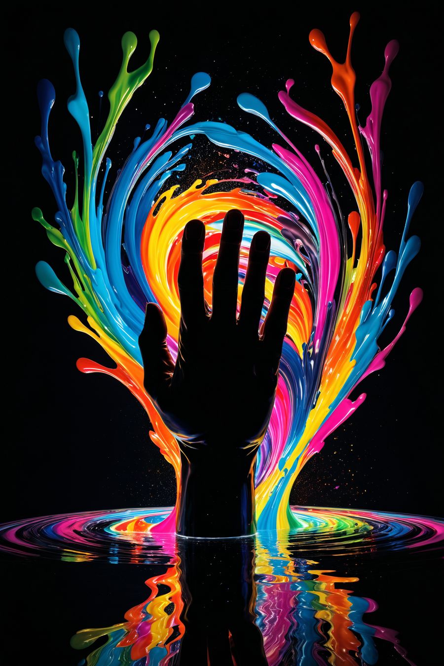 In a vivid and surreal composition, the picture features a hand emerging from a pool of swirling colors. The image is striking and dynamic, blending elements of fantasy and abstract art to create a captivating scene.