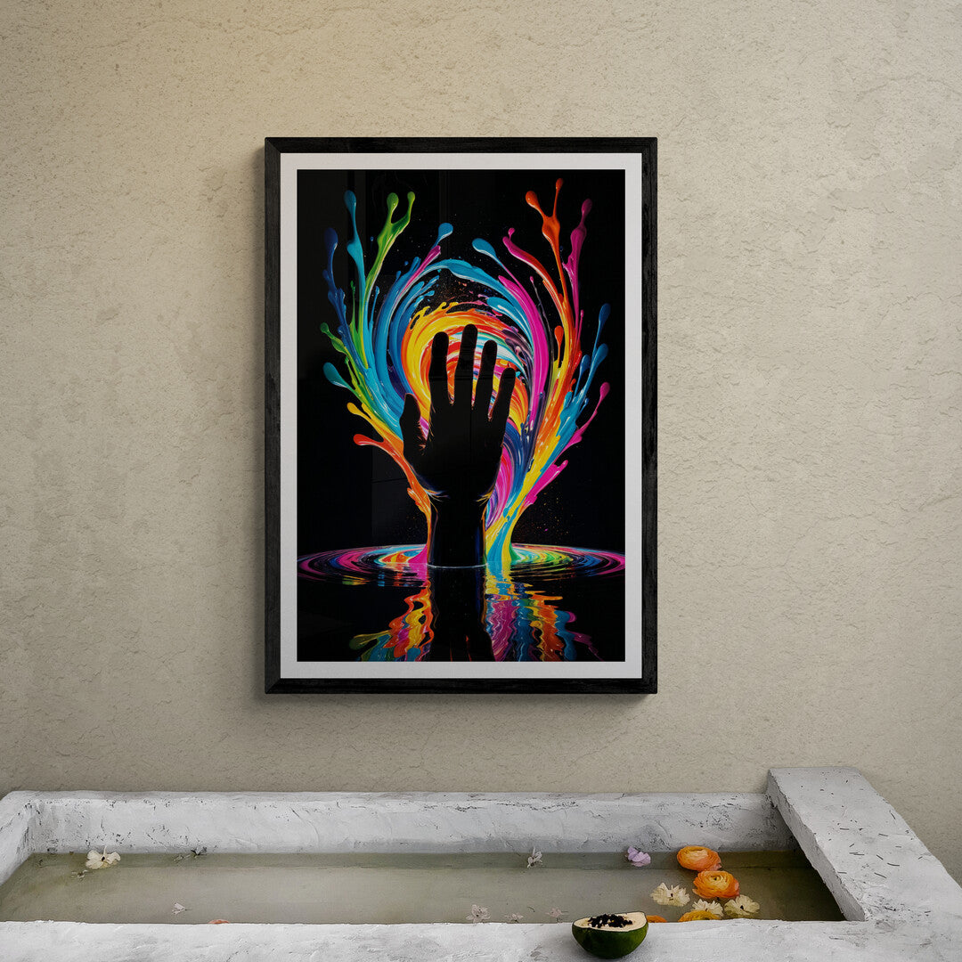 In a vivid and surreal composition, the picture features a hand emerging from a pool of swirling colors. The image is striking and dynamic, blending elements of fantasy and abstract art to create a captivating scene.