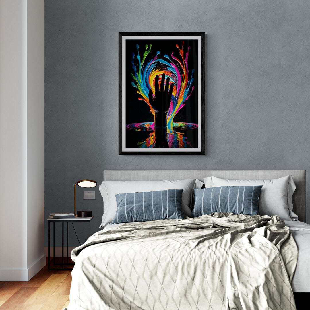 In a vivid and surreal composition, the picture features a hand emerging from a pool of swirling colors. The image is striking and dynamic, blending elements of fantasy and abstract art to create a captivating scene.