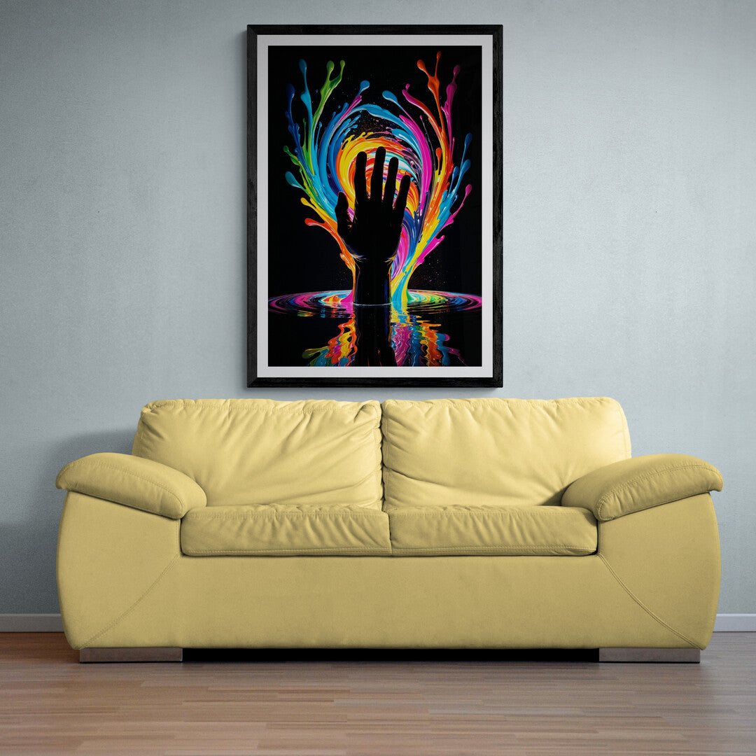 In a vivid and surreal composition, the picture features a hand emerging from a pool of swirling colors. The image is striking and dynamic, blending elements of fantasy and abstract art to create a captivating scene.