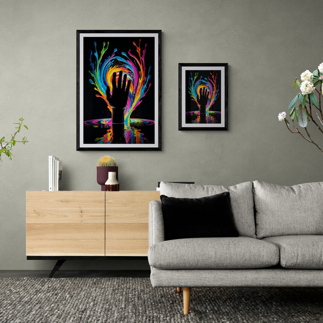 In a vivid and surreal composition, the picture features a hand emerging from a pool of swirling colors. The image is striking and dynamic, blending elements of fantasy and abstract art to create a captivating scene.