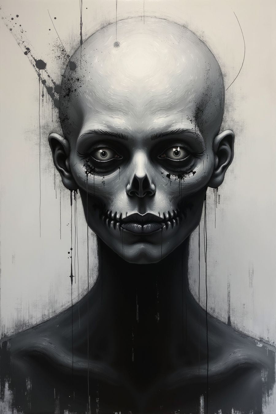 Haunting Stares artwork featuring grayscale portrait with piercing eyes, perfect for modern wall art and home decor