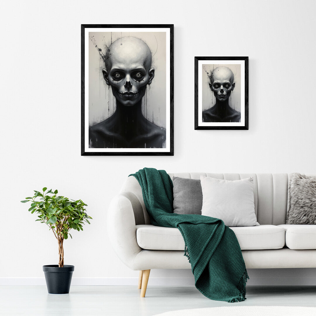 Grayscale abstract portrait titled Haunting Stares, a unique wall art piece available to shop online for elegant home decor