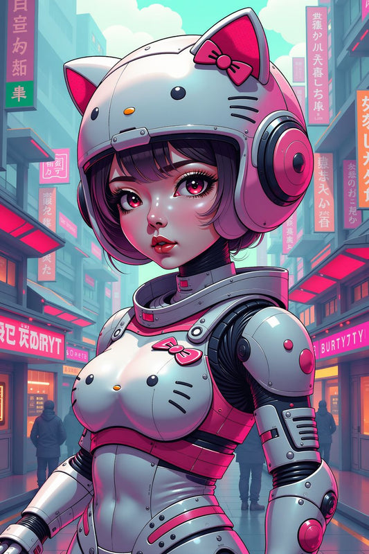 The image depicts a striking character in a futuristic urban environment, blending elements of anime, robotics, and pop culture. The figure is a young woman wearing an armored, robotic suit with a distinctive theme, inspired by the iconic Hello Kitty character. Her helmet is a stylized version of Hello Kitty's head, featuring the familiar cat ears, whiskers, and signature red bow on the side. The helmet is sleek and metallic, adding a high-tech, cybernetic feel.