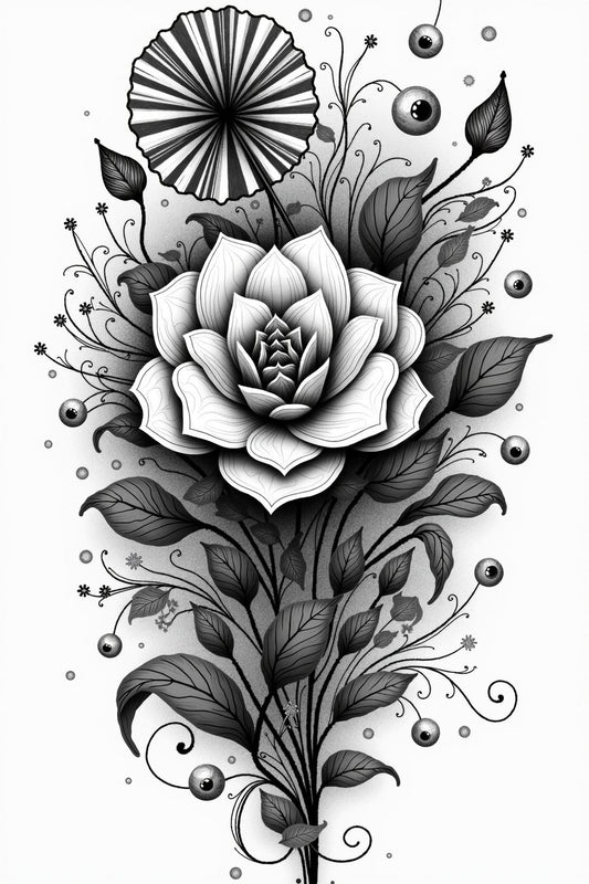 The picture is a detailed black and white illustration of a flower. The flower is depicted with intricate line work, emphasizing the delicate textures and patterns of its petals. The petals are softly curved, each one shaded with fine cross-hatching to create a sense of depth and realism.