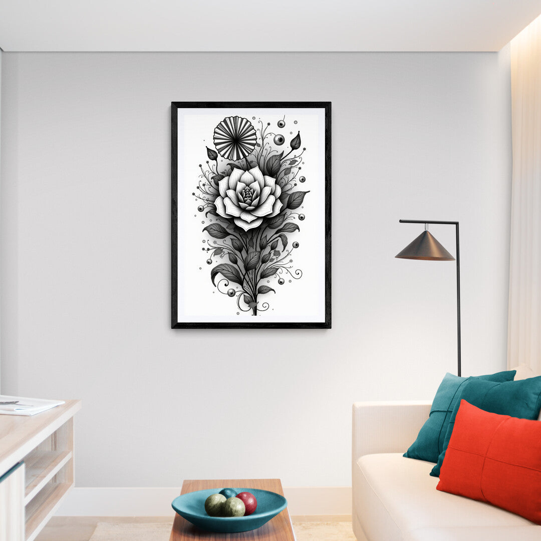 The picture is a detailed black and white illustration of a flower. The flower is depicted with intricate line work, emphasizing the delicate textures and patterns of its petals. The petals are softly curved, each one shaded with fine cross-hatching to create a sense of depth and realism.