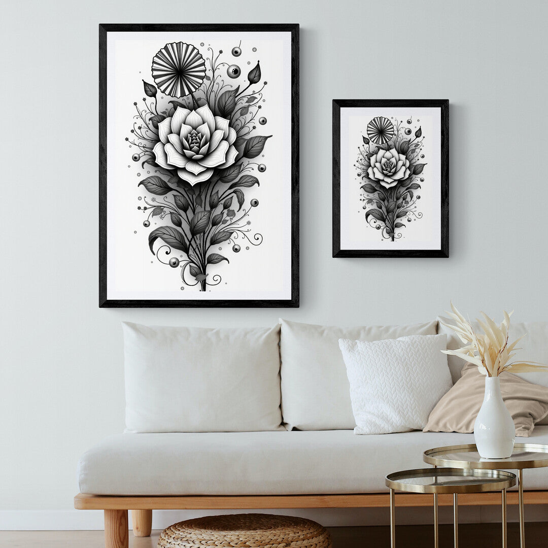 The picture is a detailed black and white illustration of a flower. The flower is depicted with intricate line work, emphasizing the delicate textures and patterns of its petals. The petals are softly curved, each one shaded with fine cross-hatching to create a sense of depth and realism.