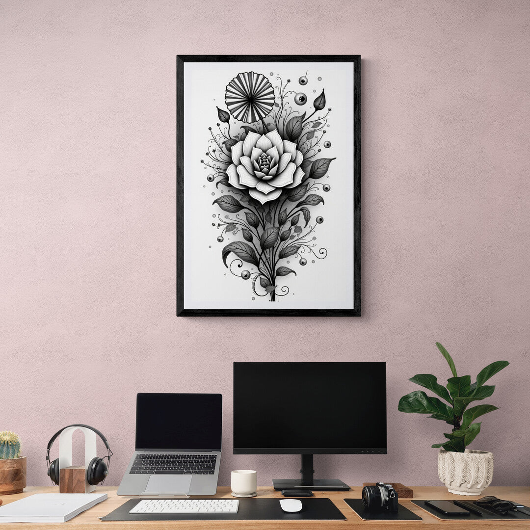 The picture is a detailed black and white illustration of a flower. The flower is depicted with intricate line work, emphasizing the delicate textures and patterns of its petals. The petals are softly curved, each one shaded with fine cross-hatching to create a sense of depth and realism.