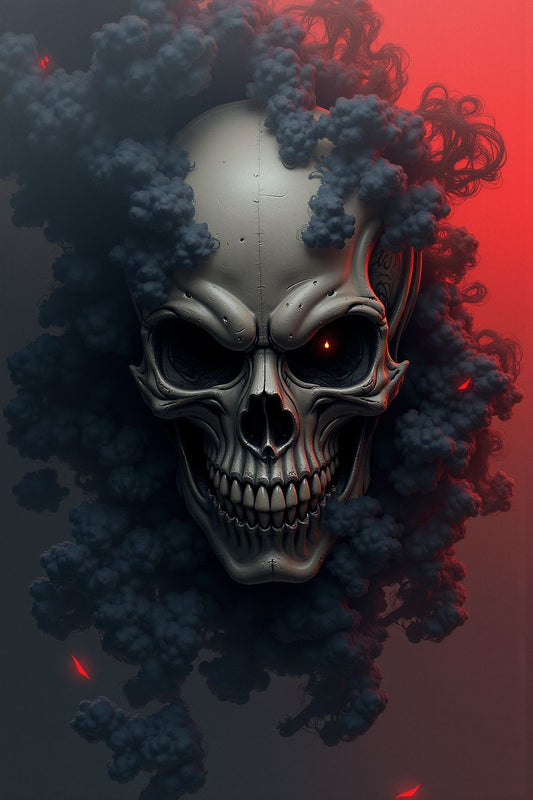 Infernal Visage skull art print with dark smoke and red embers for bold wall decor.