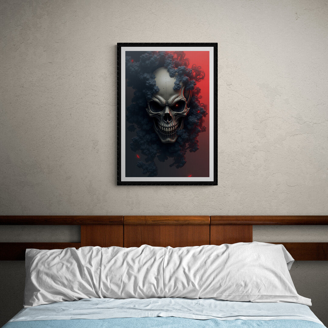 Premium poster of a sinister skull emerging from smoke, perfect for edgy home decor.