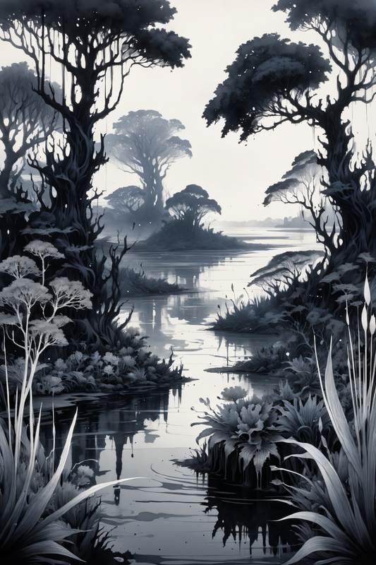 In an evocative and serene scene, the picture features an ink painting of an estuary biome. The artwork captures the tranquil beauty and dynamic nature of the estuary, rendered with delicate brushstrokes and a monochromatic palette that emphasizes the fluidity and elegance of the scene.