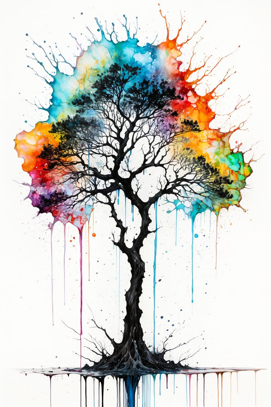 In a striking and evocative composition, the picture features an ink-splattered tree. The artwork combines the organic form of the tree with the dynamic, abstract quality of ink splatters, creating a visually engaging piece.