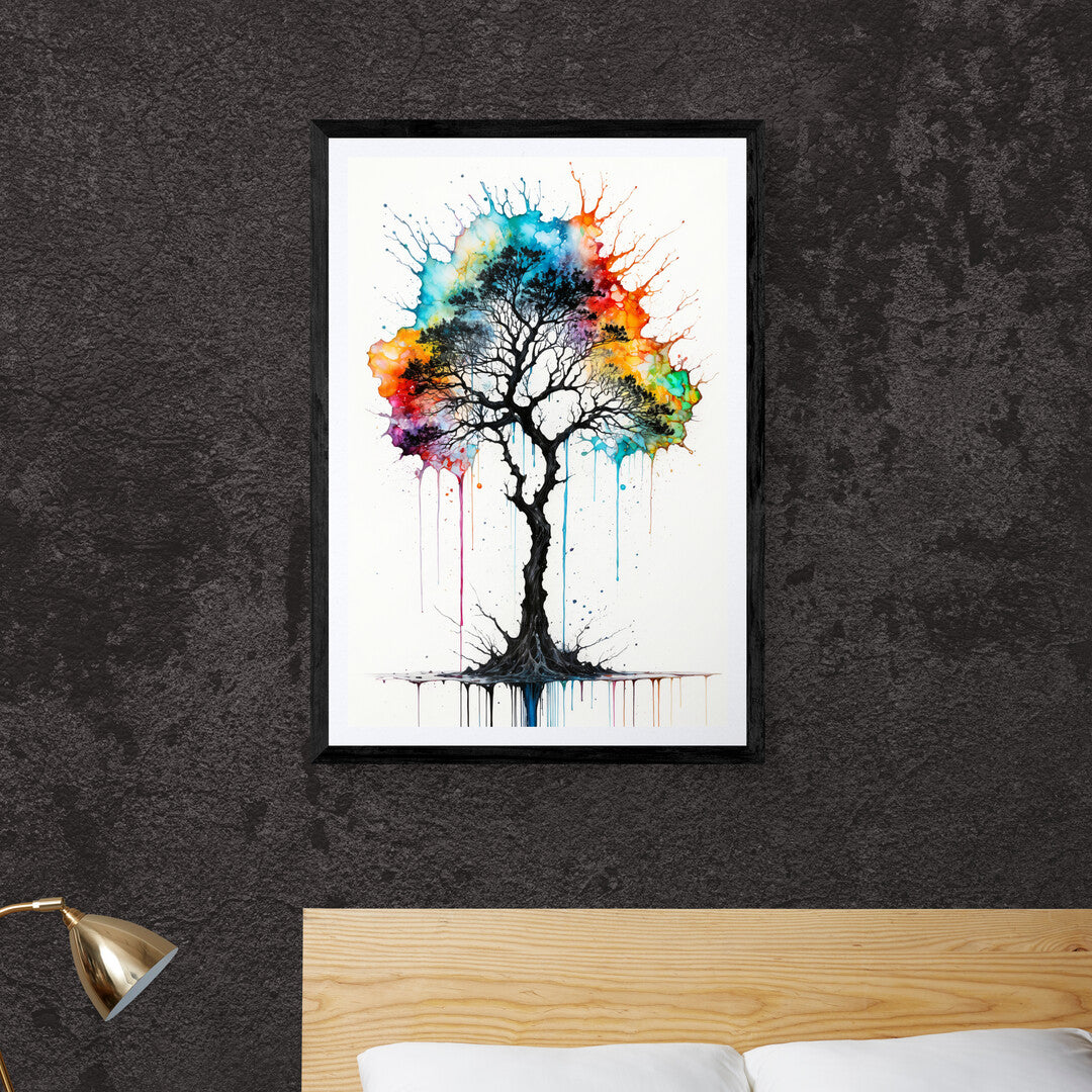 In a striking and evocative composition, the picture features an ink-splattered tree. The artwork combines the organic form of the tree with the dynamic, abstract quality of ink splatters, creating a visually engaging piece.