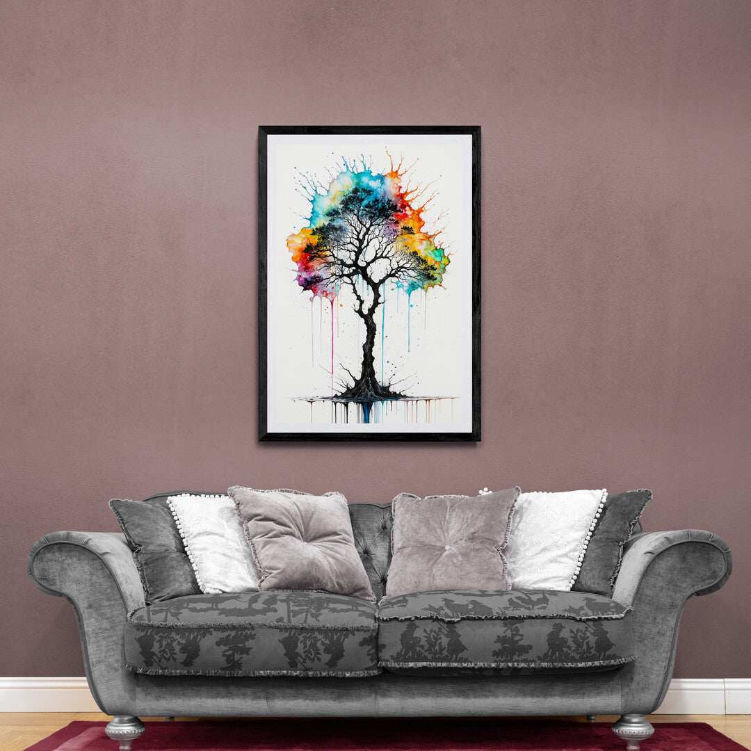 In a striking and evocative composition, the picture features an ink-splattered tree. The artwork combines the organic form of the tree with the dynamic, abstract quality of ink splatters, creating a visually engaging piece.