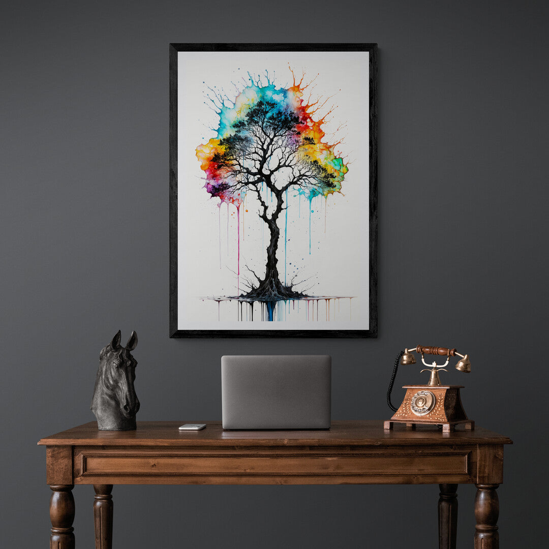 In a striking and evocative composition, the picture features an ink-splattered tree. The artwork combines the organic form of the tree with the dynamic, abstract quality of ink splatters, creating a visually engaging piece.