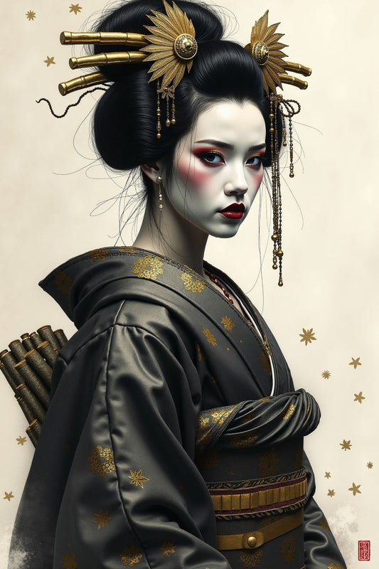 The picture depicts a traditional Japanese geisha, elegantly dressed in a richly adorned silk kimono with intricate floral patterns. Her hair is styled in a classic updo, adorned with delicate hairpins and ornaments, emphasizing her poised appearance. Her face is painted with the iconic white makeup, with red lips and dark, defined eyebrows. 