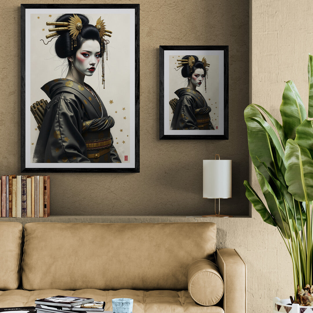 The picture depicts a traditional Japanese geisha, elegantly dressed in a richly adorned silk kimono with intricate floral patterns. Her hair is styled in a classic updo, adorned with delicate hairpins and ornaments, emphasizing her poised appearance. Her face is painted with the iconic white makeup, with red lips and dark, defined eyebrows. 